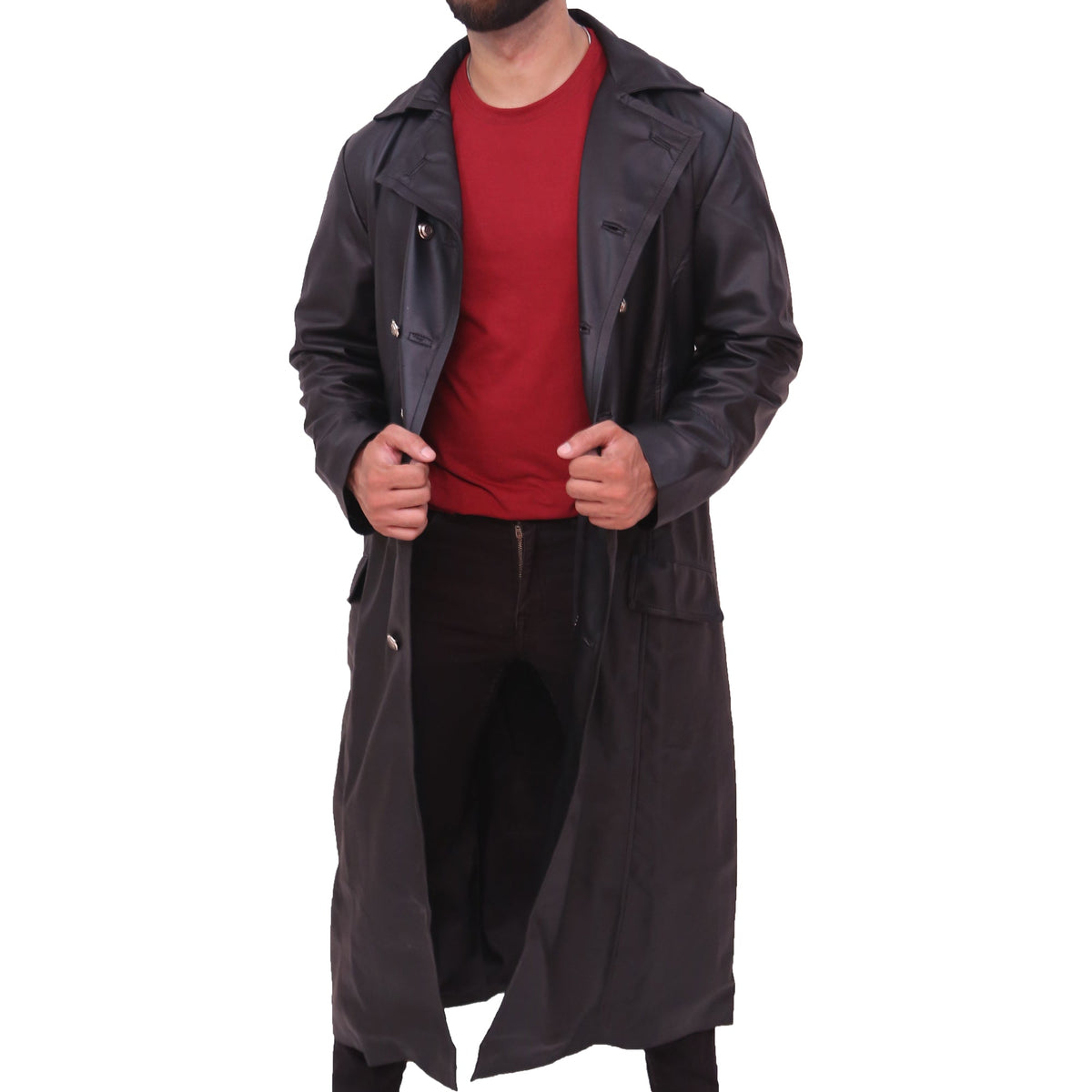Men's German Classic Leather Trench Coat Black, Military Men's German Classic Leather Trench Coat Black, Military
