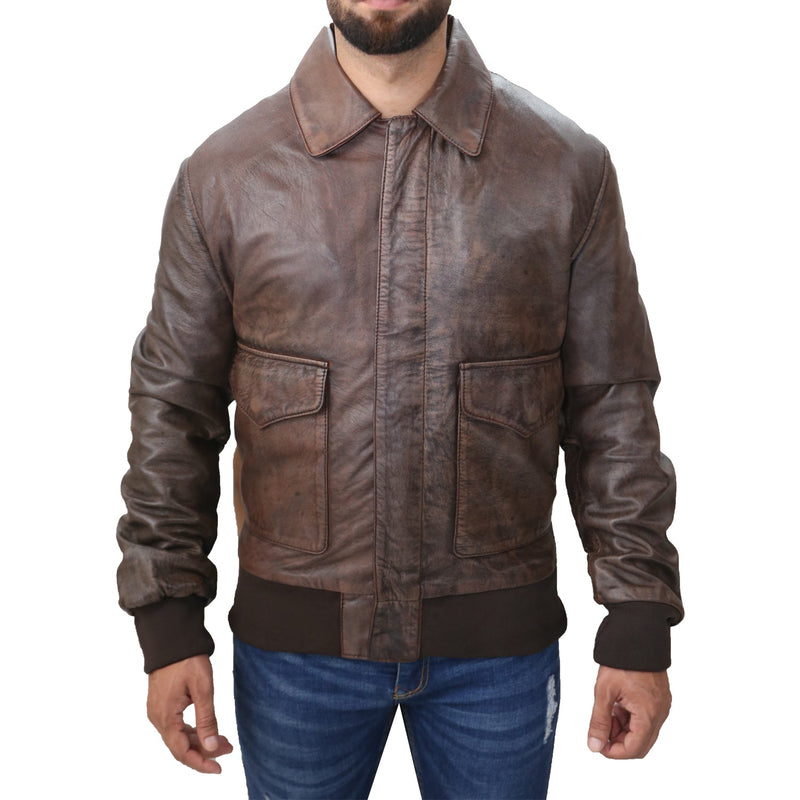 Men's Aviator A-2 Distressed Brown Real Leather Flight Bomber Jacket
