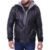 Men Grey Removable Hood Black Leather Jacket