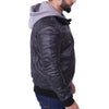 Men Grey Removable Hood Black Leather Jacket