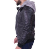 Men Grey Removable Hood Black Leather Jacket