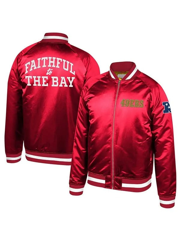 49ers Faithful To The Bay Red Satin Bomber Jacket