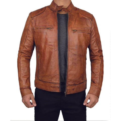 Mens Brown Cafe Racer Distressed Leather Jacket