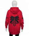 Red hoodie with black wolf design on the back, displayed on a mannequin against a white background.