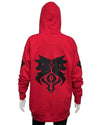 Red hoodie with black wolf emblem on the back against a white background