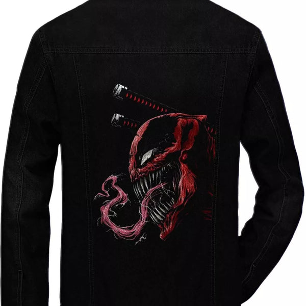 Black Deadpool x Venom Denim Jacket With Fur Back View