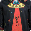 Black shirt with a UFO and alien abduction design