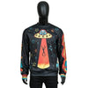 Black sweatshirt with colorful alien abduction design on a mannequin against a white background