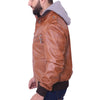 Men's Grey Removable Hood Brown Leather Jacket