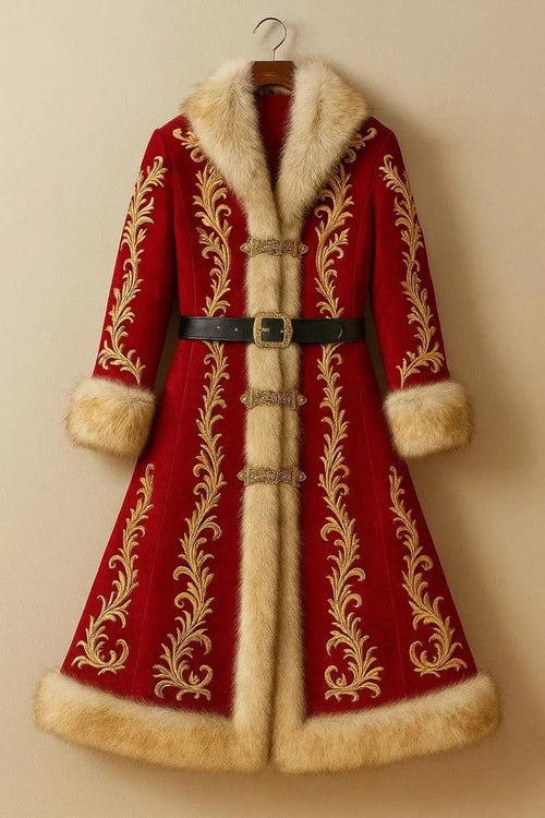 Luxury Red Wool Santa Coat with Golden Embroidery & Faux Fur Trim