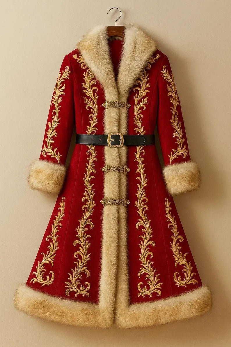 Luxury Red Wool Santa Coat with Golden Embroidery & Faux Fur Trim
