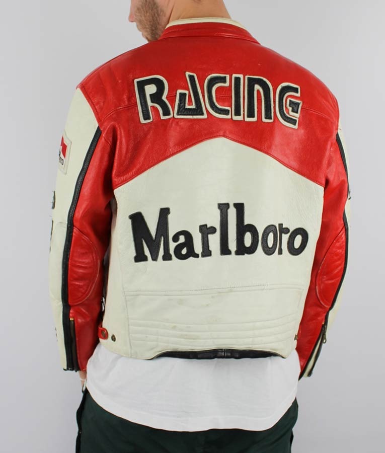 Red and White Vintage Leather Marlboro Racing Jacket