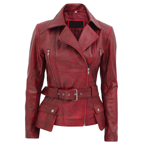 Womens Asymmetrical Burgundy Four Pocket Belted Moto Jacket