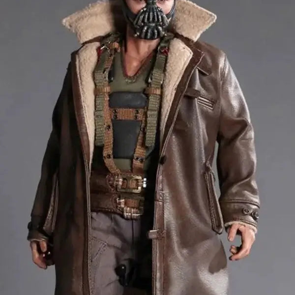 actor tom hardy as bane standing in his iconic bane coat with shearling 