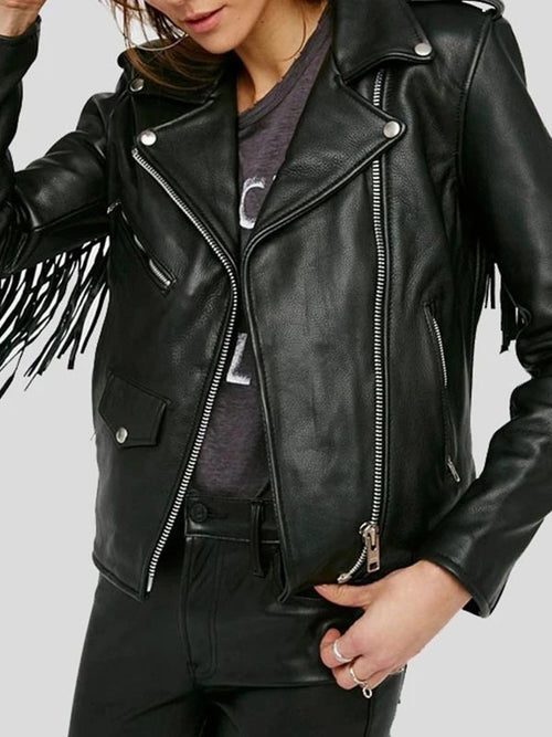 Women’s Black Leather Motorcycle Jacket With Fringe