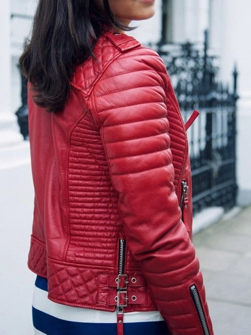 Womens Boda Style Quilted Leather Biker Jacket Red