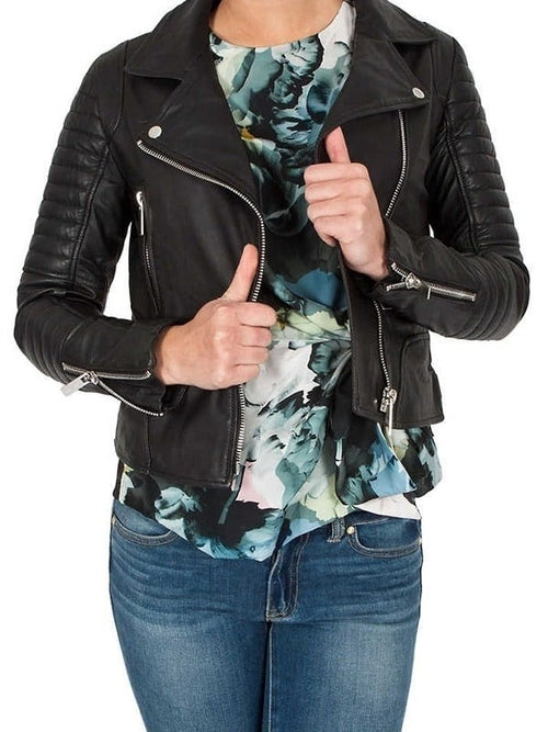 Women Brando Style Leather Motorcycle Jacket Black