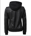 Women's Black Hooded Bomber Leather Jacket