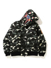 Camouflage black bape hoodie with colorful shark design on a white background
