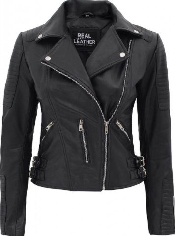 Bari Womens Asymmetrical Black Leather Moto Jacket