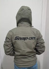 green snap on hooded jacket​ back view