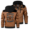 brown harley davidson jacket with black hood front and black view