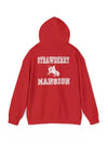 red strawberry mansion hoodie back view
