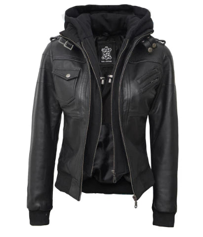 Women’s Black Hooded Bomber Jacket